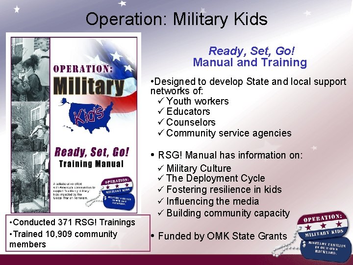 Operation: Military Kids Ready, Set, Go! Manual and Training • Designed to develop State