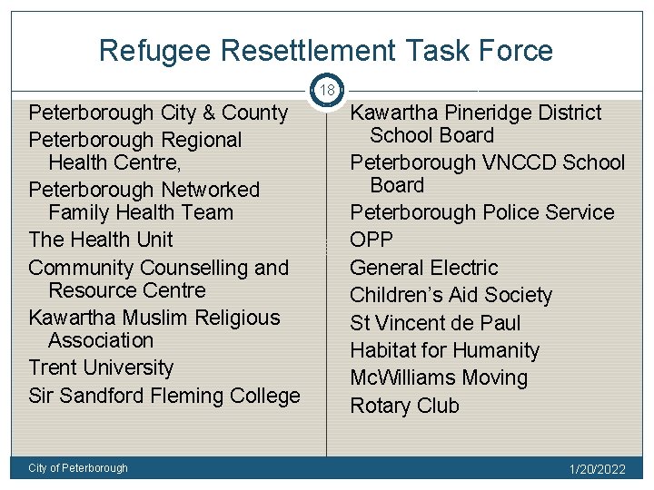 Refugee Resettlement Task Force 18 Peterborough City & County Peterborough Regional Health Centre, Peterborough