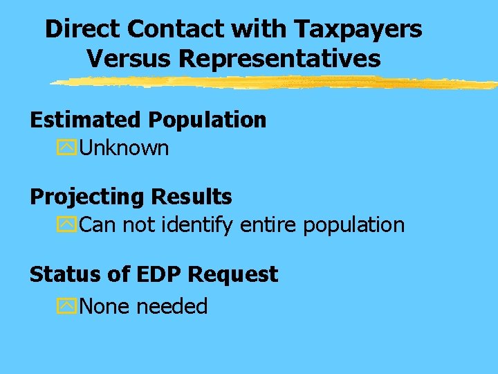 Direct Contact with Taxpayers Versus Representatives Estimated Population y. Unknown Projecting Results y. Can