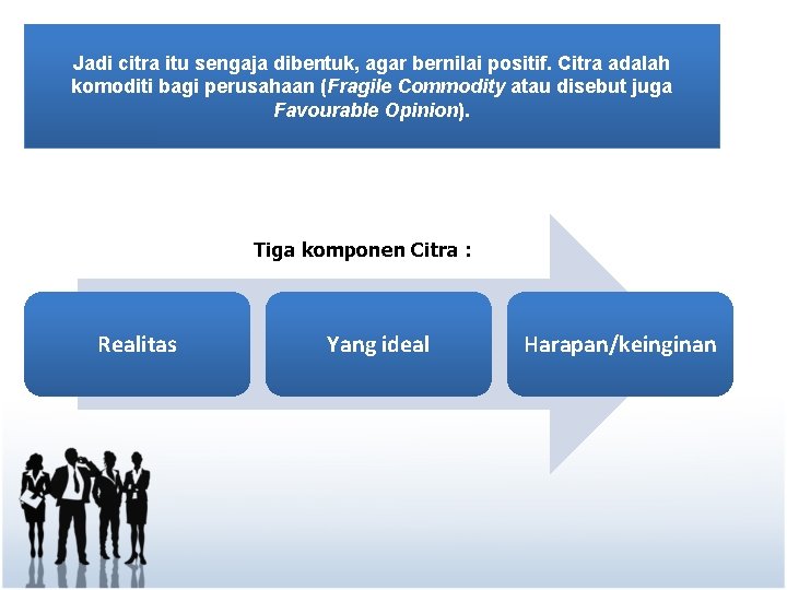 Jadi citra itu sengaja dibentuk, agar bernilai positif. Citra adalah komoditi bagi perusahaan (Fragile