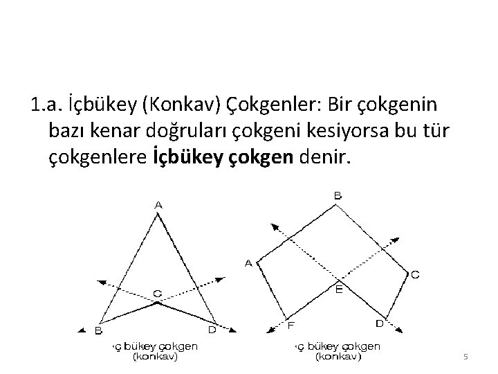 1. a. İçbükey (Konkav) Çokgenler: Bir çokgenin bazı kenar doğruları çokgeni kesiyorsa bu tür