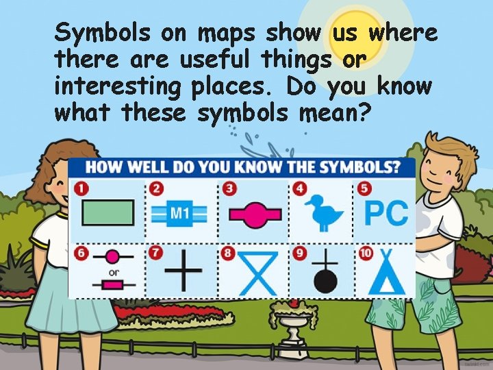 Symbols on maps show us where there are useful things or interesting places. Do