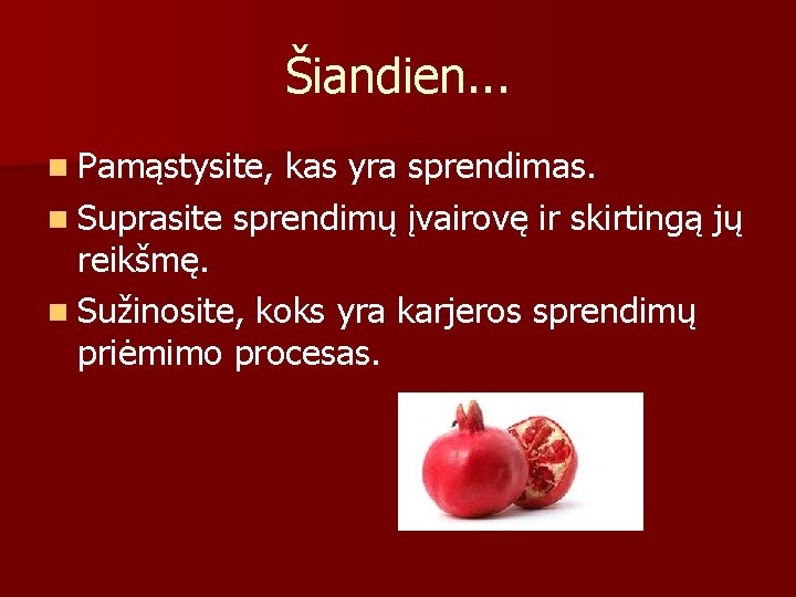 Šiandien. . . n Pamąstysite, kas yra sprendimas. n Suprasite sprendimų įvairovę ir skirtingą