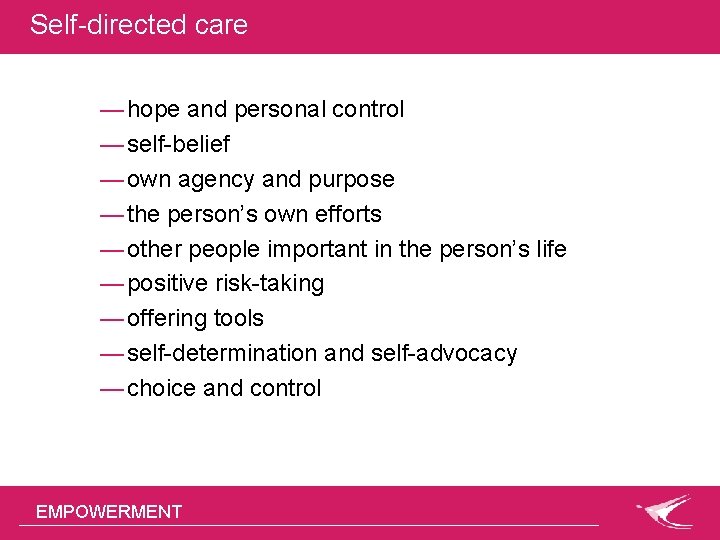 Self-directed care — hope and personal control — self-belief — own agency and purpose