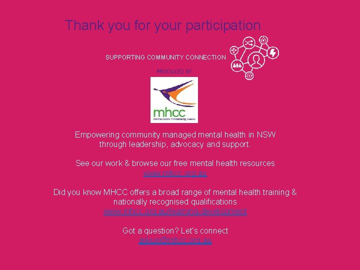 Thank you for your participation SUPPORTING COMMUNITY CONNECTION PRODUCED BY Empowering community managed mental