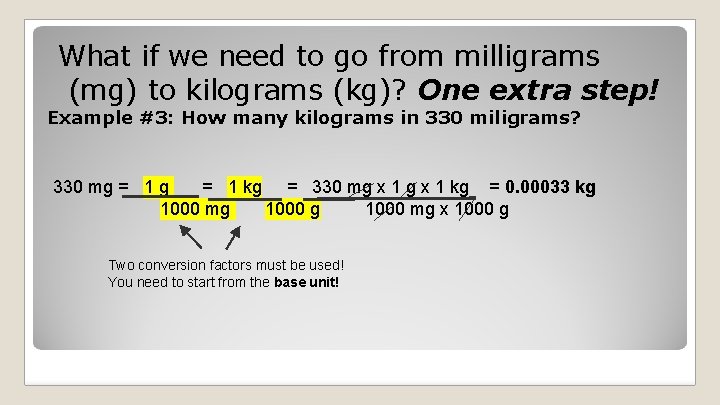 What if we need to go from milligrams (mg) to kilograms (kg)? One extra What if we need to go from milligrams (mg) to kilograms (kg)? One extra