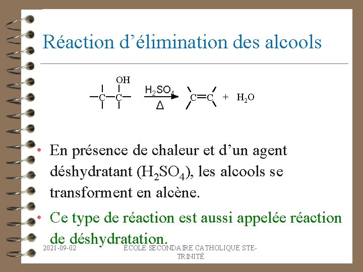 Réaction d’élimination des alcools OH C C H 2 SO 4 Δ C C