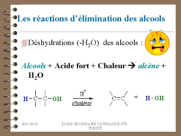 Les réactions d’élimination des alcools 4 Déshydrations (-H 2 O) des alcools : Alcools