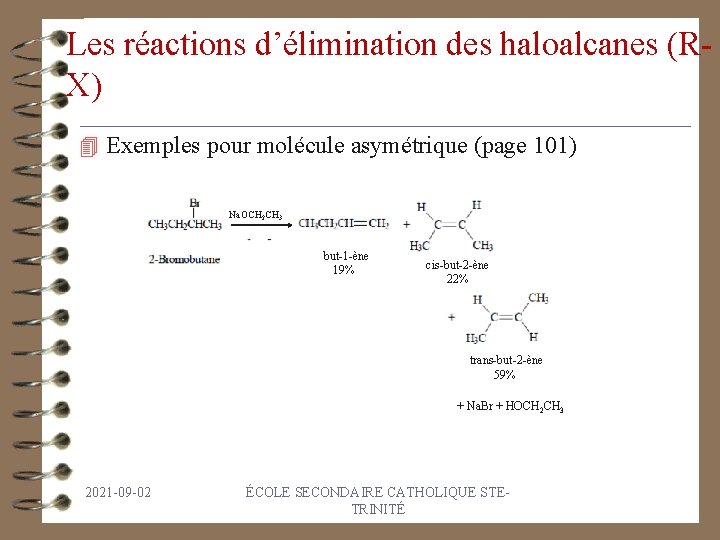 Les réactions d’élimination des haloalcanes (RX) 4 Exemples pour molécule asymétrique (page 101) Na.