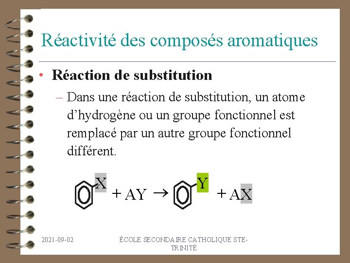Réactivité des composés aromatiques • Réaction de substitution – Dans une réaction de substitution,