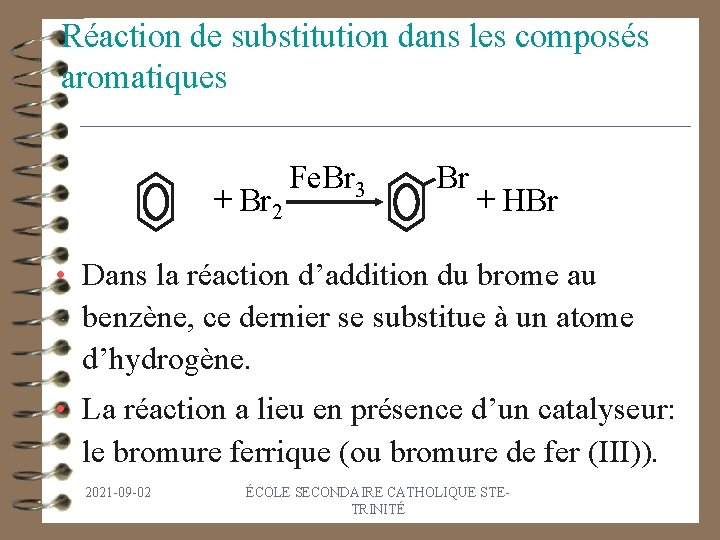 Réaction de substitution dans les composés aromatiques + Br 2 Fe. Br 3 Br