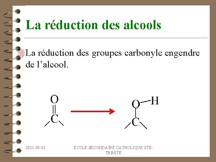 La réduction des alcools 4 La réduction des groupes carbonyle engendre de l’alcool. 2021