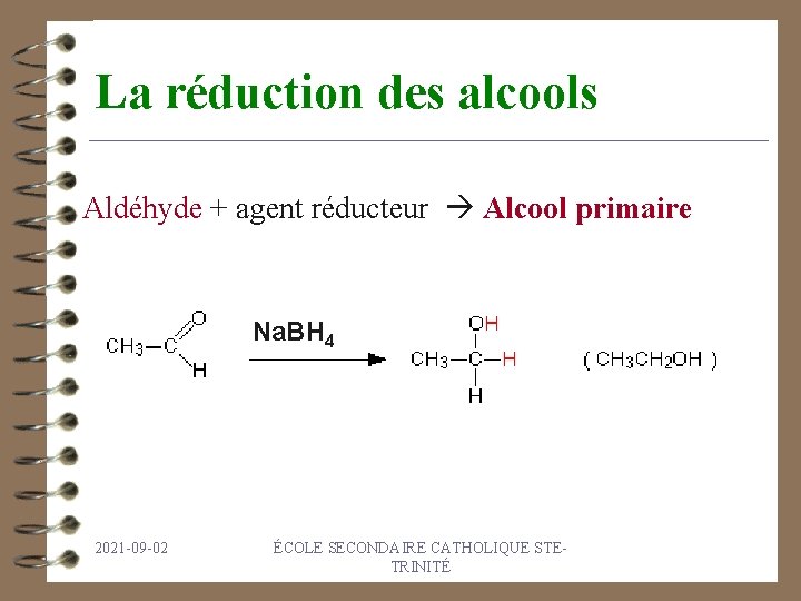 La réduction des alcools Aldéhyde + agent réducteur Alcool primaire Na. BH 4 2021