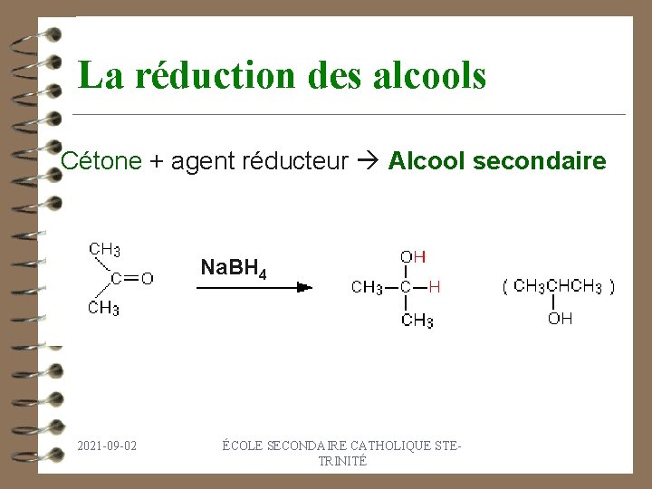 La réduction des alcools Cétone + agent réducteur Alcool secondaire Na. BH 4 2021