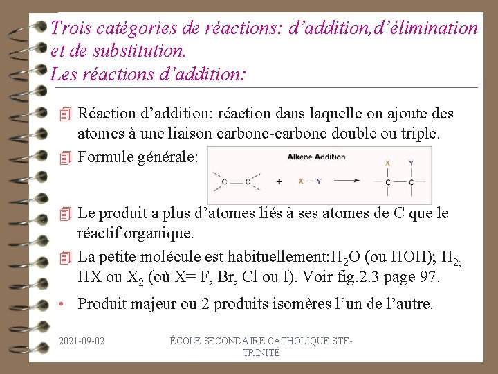 Trois catégories de réactions: d’addition, d’élimination et de substitution. Les réactions d’addition: 4 Réaction
