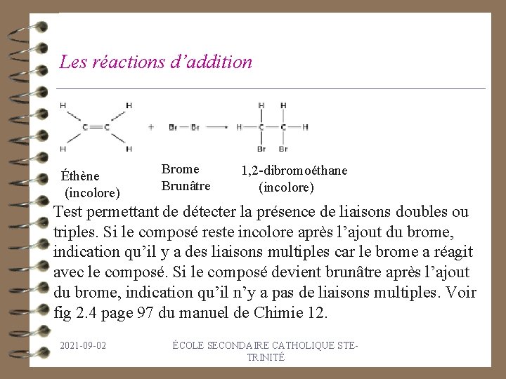 Les réactions d’addition Éthène (incolore) Brome Brunâtre 1, 2 -dibromoéthane (incolore) Test permettant de