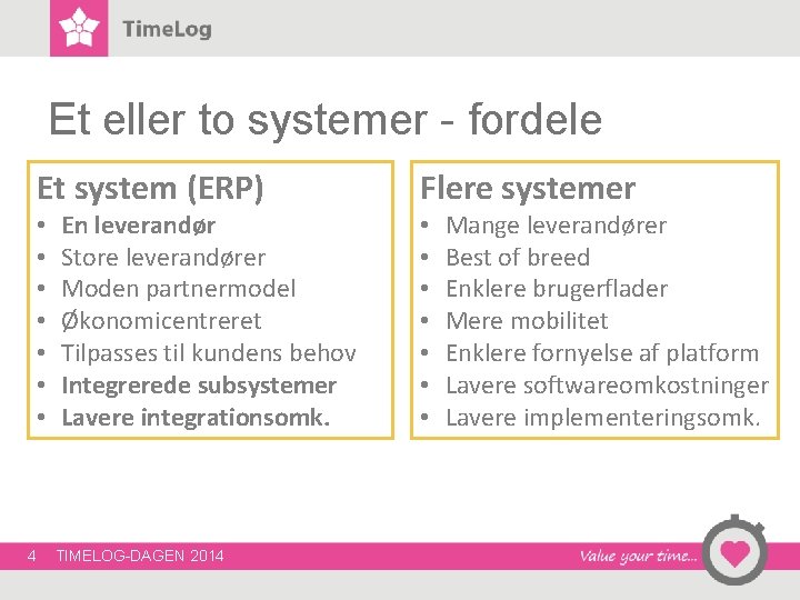 Et eller to systemer - fordele 4 Et system (ERP) Flere systemer • • Et eller to systemer - fordele 4 Et system (ERP) Flere systemer • •