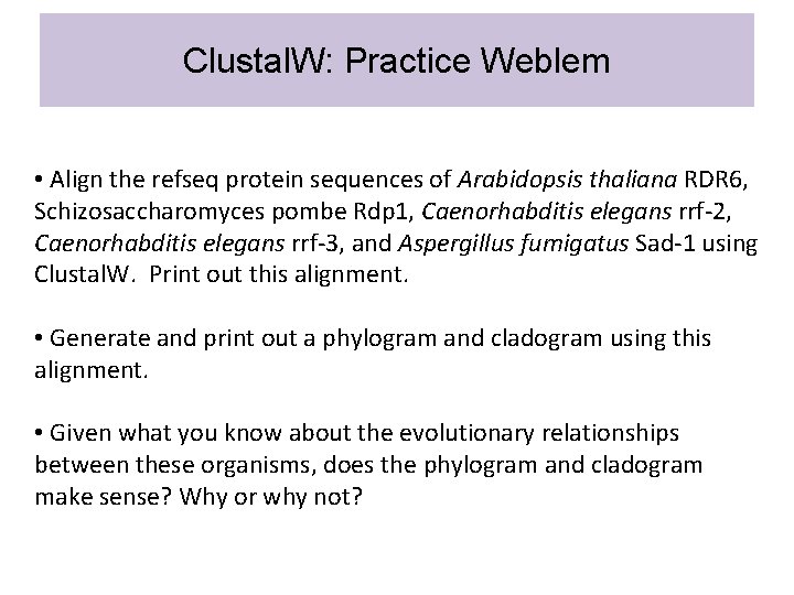 Clustal. W: Practice Weblem • Align the refseq protein sequences of Arabidopsis thaliana RDR