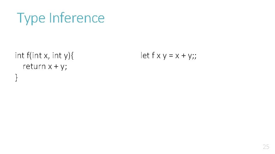 Type Inference int f(int x, int y){ return x + y; } let f