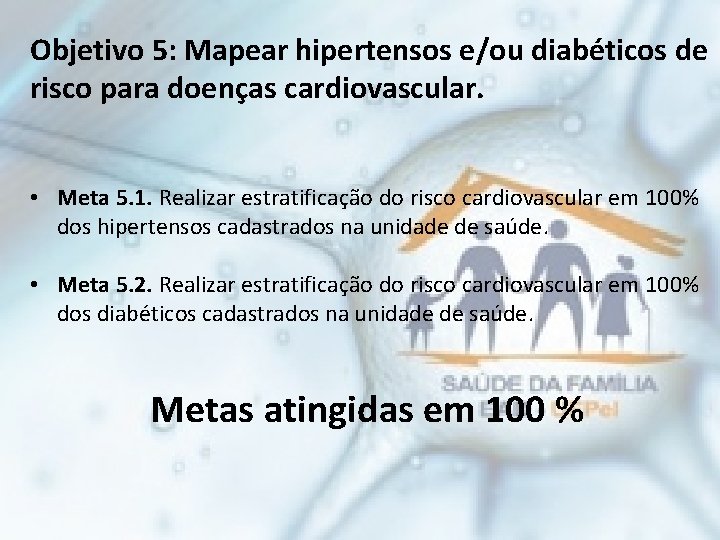 Objetivo 5: Mapear hipertensos e/ou diabéticos de risco para doenças cardiovascular. • Meta 5.