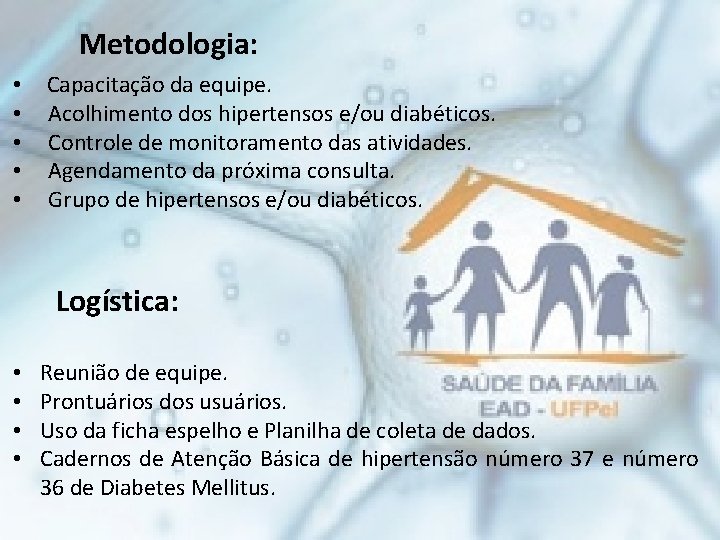 Metodologia: • • • Capacitação da equipe. Acolhimento dos hipertensos e/ou diabéticos. Controle de