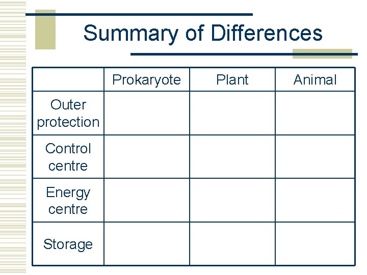 Summary of Differences Prokaryote Outer protection Control centre Energy centre Storage Plant Animal 