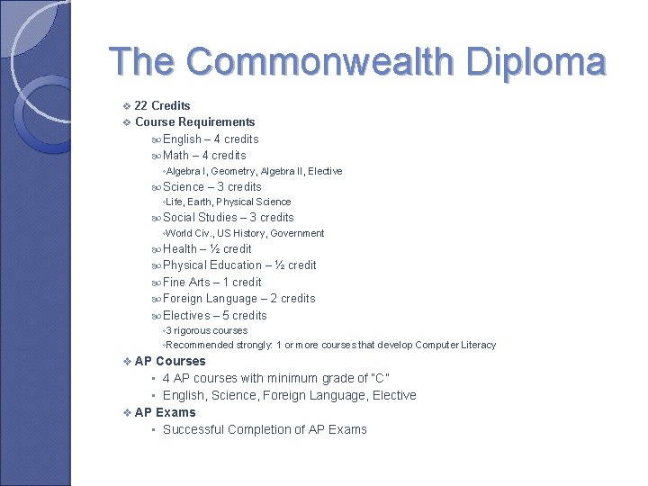 The Commonwealth Diploma v 22 Credits v Course Requirements English – 4 credits Math