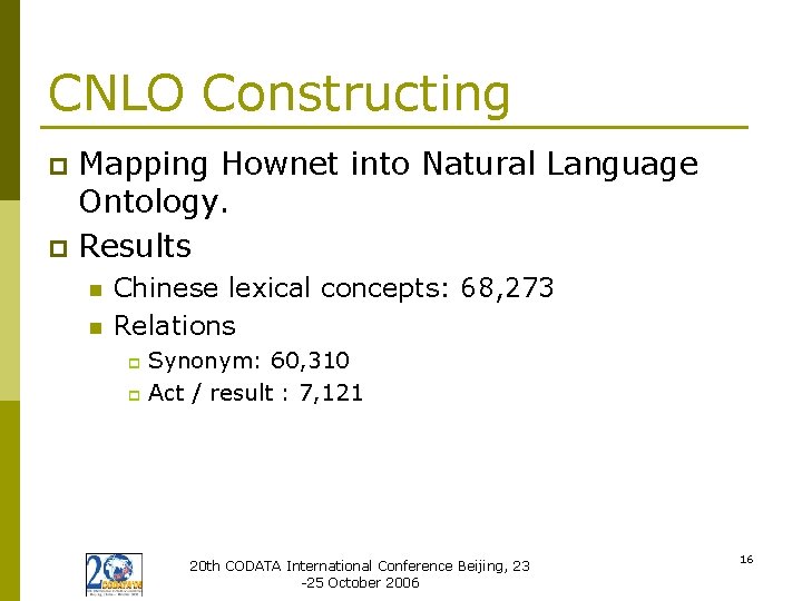 CNLO Constructing Mapping Hownet into Natural Language Ontology. p Results p n n Chinese