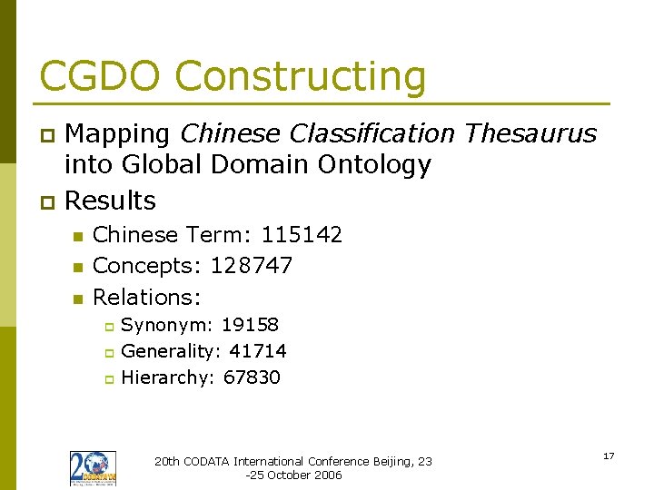CGDO Constructing Mapping Chinese Classification Thesaurus into Global Domain Ontology p Results p n