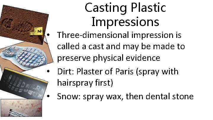 Casting Plastic Impressions • Three-dimensional impression is called a cast and may be made