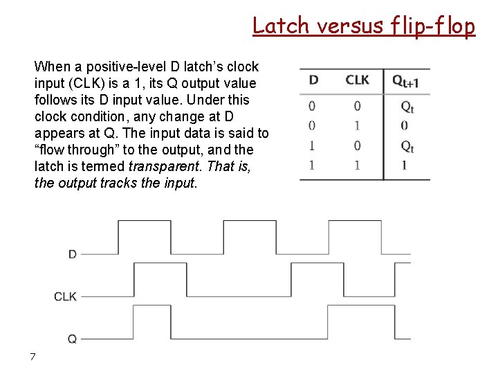 Latch versus flip-flop When a positive-level D latch’s clock input (CLK) is a 1,