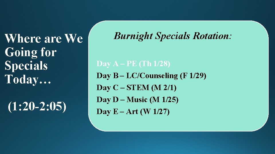 Where are We Going for Specials Today… (1: 20 -2: 05) Burnight Specials Rotation: