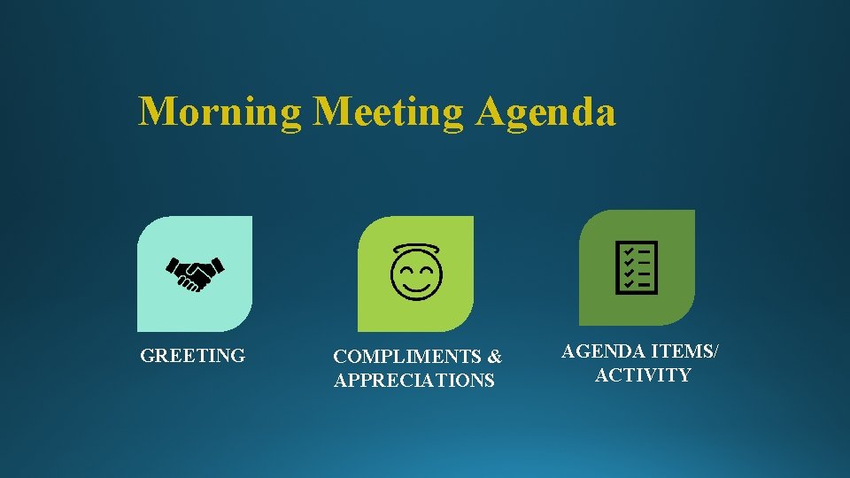 Morning Meeting Agenda GREETING COMPLIMENTS & APPRECIATIONS AGENDA ITEMS/ ACTIVITY 