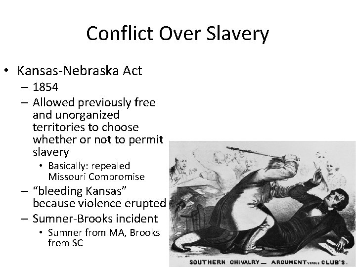Conflict Over Slavery • Kansas-Nebraska Act – 1854 – Allowed previously free and unorganized