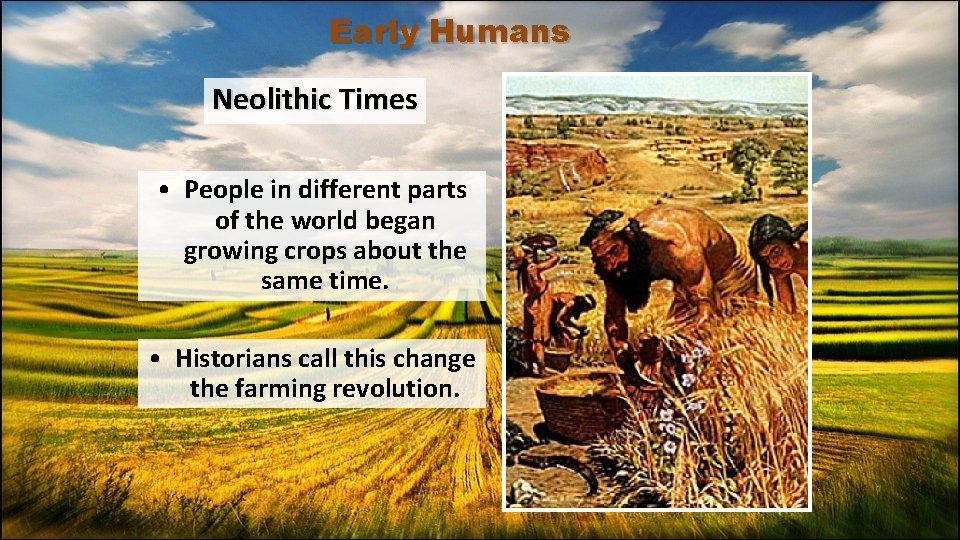 Early Humans Neolithic Times • People in different parts of the world began growing