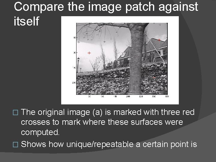 Compare the image patch against itself The original image (a) is marked with three