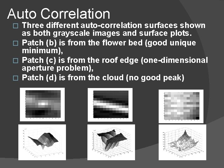 Auto Correlation Three different auto-correlation surfaces shown as both grayscale images and surface plots.