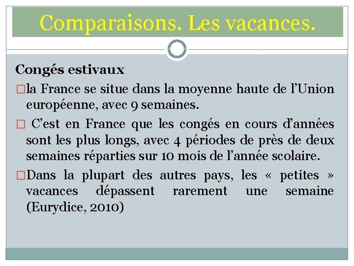 Comparaisons. Les vacances. Congés estivaux �la France se situe dans la moyenne haute de