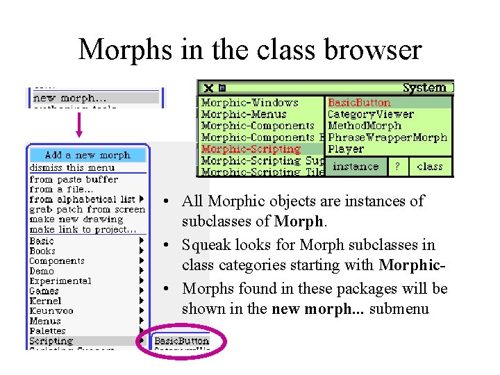 Morphs in the class browser • All Morphic objects are instances of subclasses of