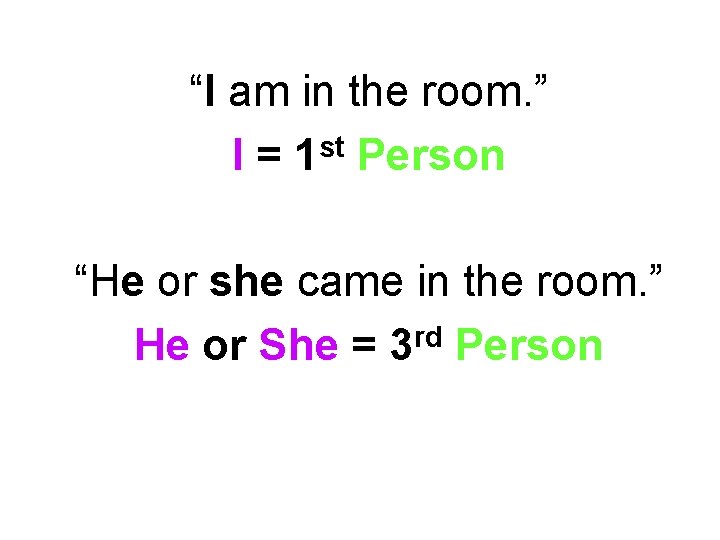 “I am in the room. ” I = 1 st Person “He or she