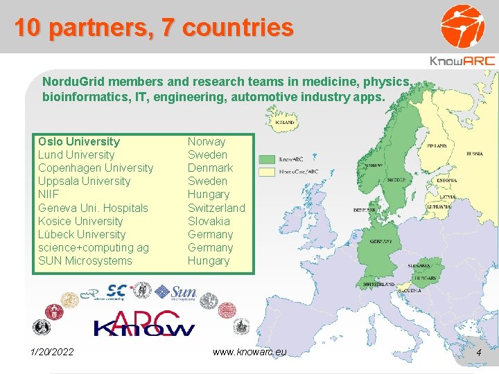 10 partners, 7 countries Nordu. Grid members and research teams in medicine, physics, bioinformatics,