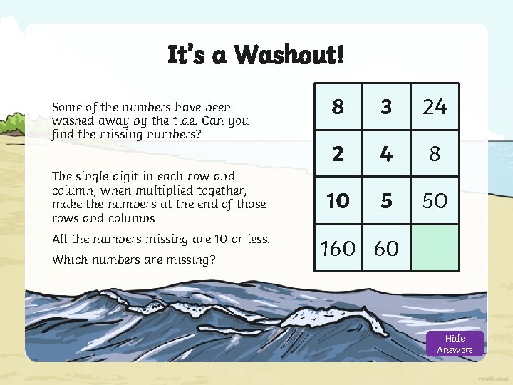It’s a Washout! Some of the numbers have been washed away by the tide.