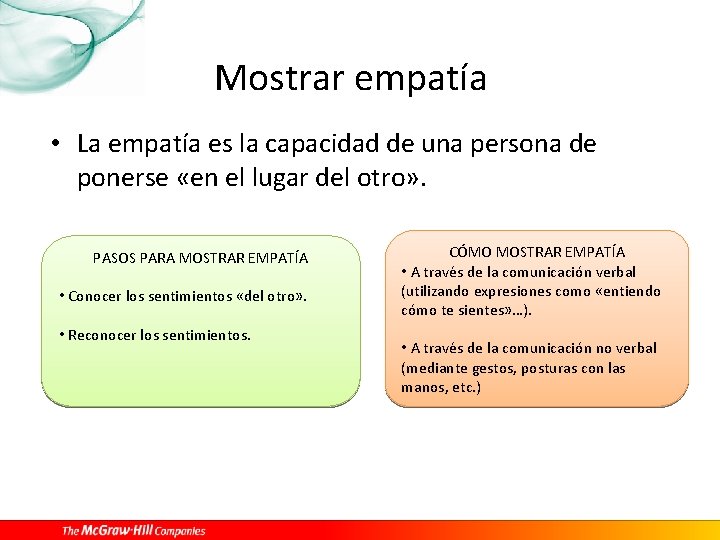 Mostrar empatía • La empatía es la capacidad de una persona de ponerse «en