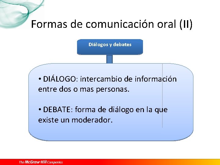 Formas de comunicación oral (II) Diálogos y debates • DIÁLOGO: intercambio de información entre