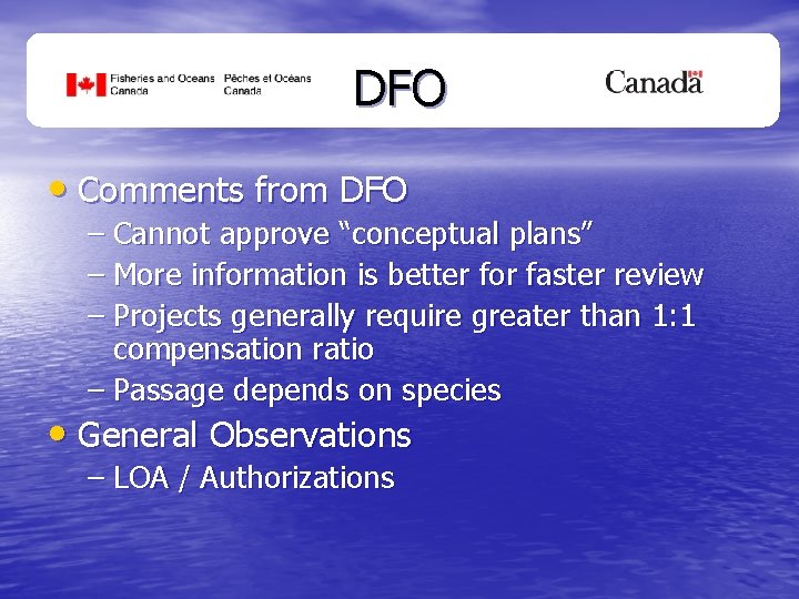 DFO • Comments from DFO – Cannot approve “conceptual plans” – More information is