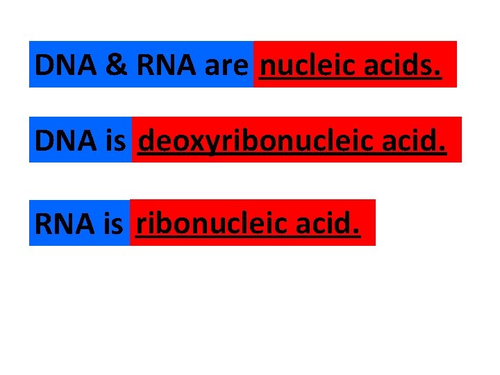 DNA & RNA are nucleic acids. DNA is deoxyribonucleic acid. RNA is ribonucleic acid.