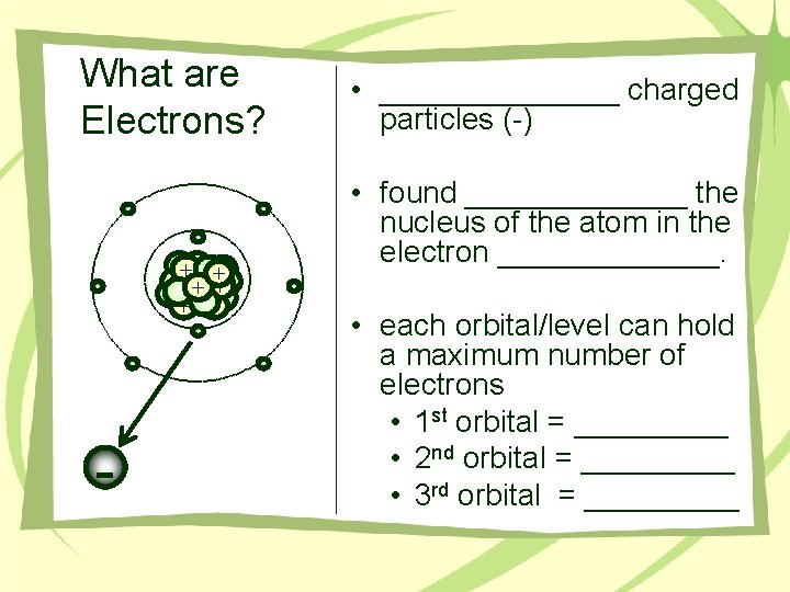 What are Electrons? - - - • found _______ the nucleus of the atom