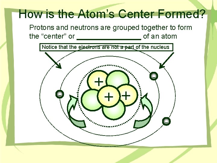 How is the Atom’s Center Formed? Protons and neutrons are grouped together to form