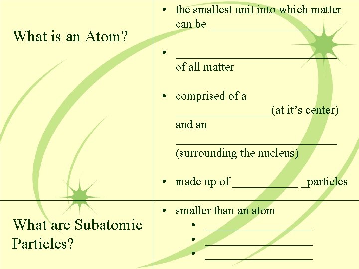 What is an Atom? • the smallest unit into which matter can be __________
