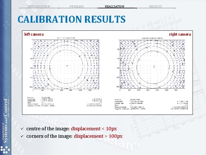INTRODUCTION PROBLEM REALIZATION RESULTS CALIBRATION RESULTS left camera ü ü centre of the image: INTRODUCTION PROBLEM REALIZATION RESULTS CALIBRATION RESULTS left camera ü ü centre of the image: